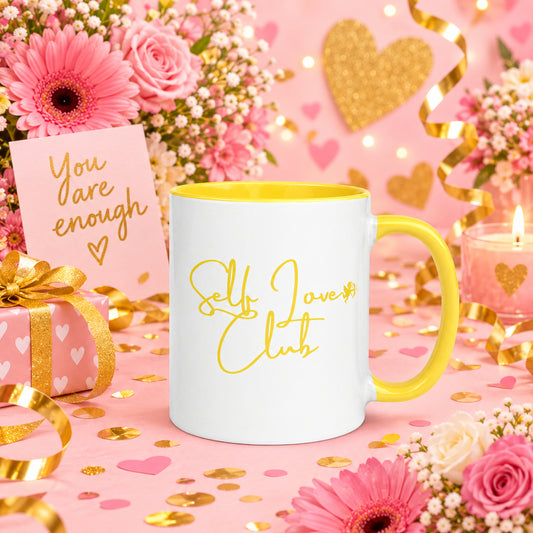 Self Love Club Coffee Mug with Yellow Color Inside & Handle - 11 oz. (Right Handle View)