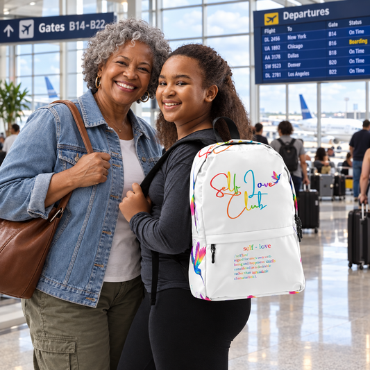 Self Love Club Definition Rainbow - White Backpack (Youth Female Wearing View)