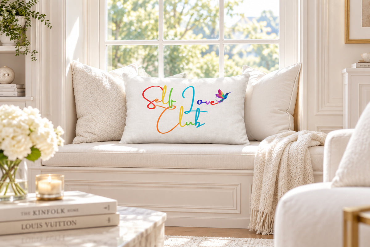 Self Love Club Definition Rainbow - White Premium Throw Pillows (20 x 12 Front)