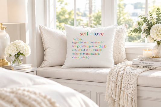 Self Love Club Definition Rainbow - White Premium Throw Pillows (22 x 22 Back)