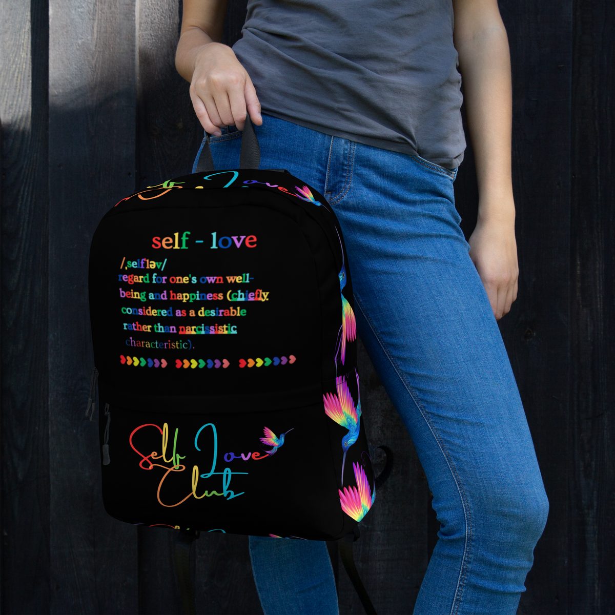 Self_Love_Club_Definition_Rainbow_Black_Backpack_Woman_Carrying_View
