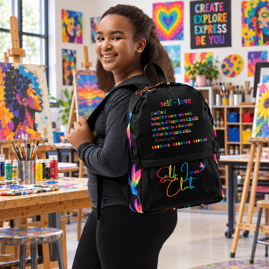Self_Love_Club_Definition_Rainbow_Black_Backpack_Youth_Female_Wearing_View