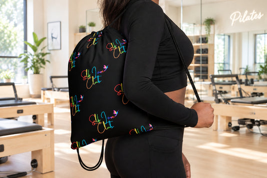 Self Love Club Rainbow - Black Drawstring Backpack (Woman Wearing View)