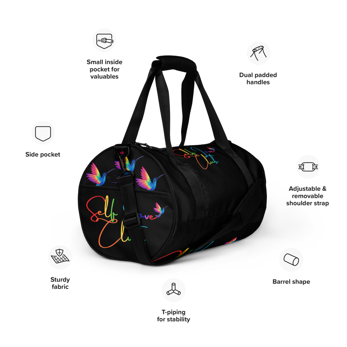 Self Love Club Rainbow - Black Gym Bag (Right Front with Descriptions View)