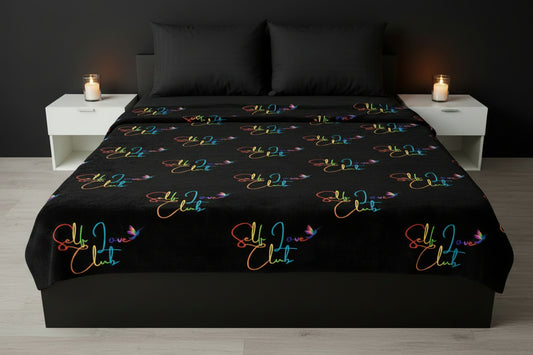 Self Love Club Rainbow - Black Sherpa Blanket (60x80) (Bed View)