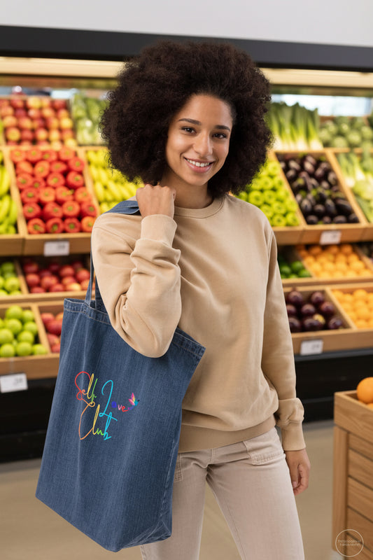 Self Love Club Rainbow - Organic Denim Tote Bag (Woman Wearing View)