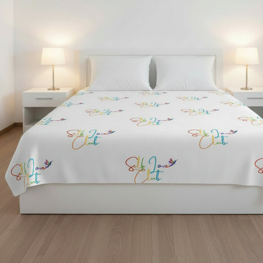 Self Love Club Rainbow - White Sherpa Blanket (60x80) (Bed View)