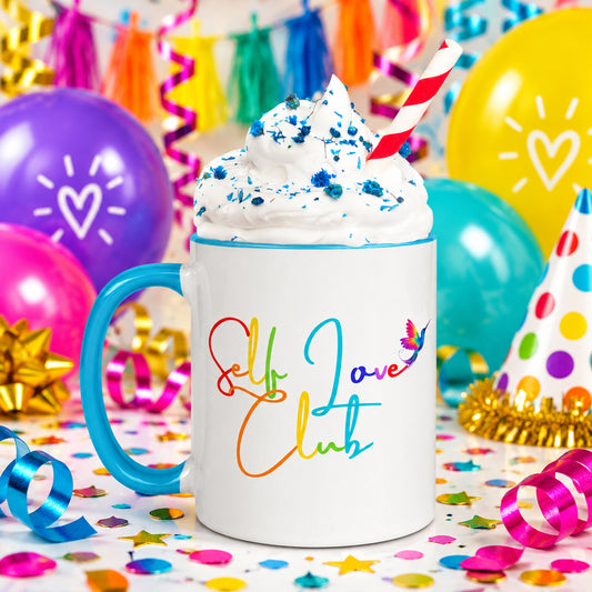 Self Love Club Rainbow Coffee Mug with Blue Color Trim - 11 oz. (Handle on the Left View)