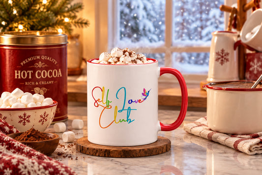 Self Love Club Rainbow Coffee Mug with Red Color Inside & Handle - 11 oz. (Handle on the Right View)