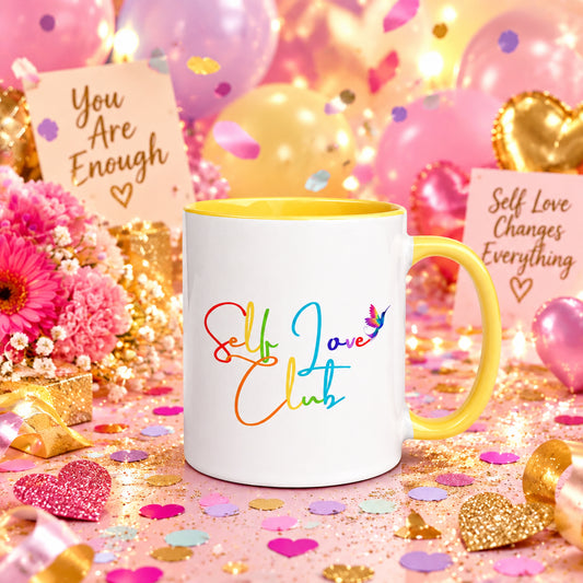 Self Love Club Rainbow Mug with Yellow Color Inside & Handle - 11 oz. (Handle on the Right View)