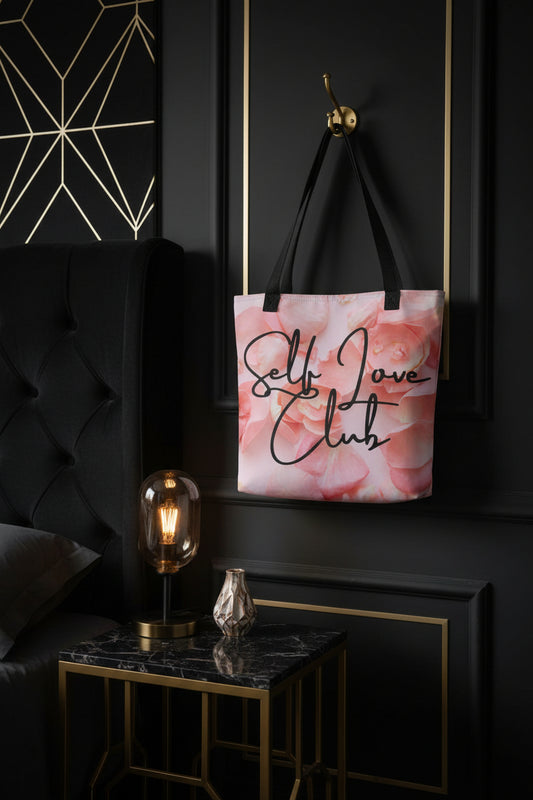Self Love Club Soft Pink Rose Petals Tote Bag (Hanging View)