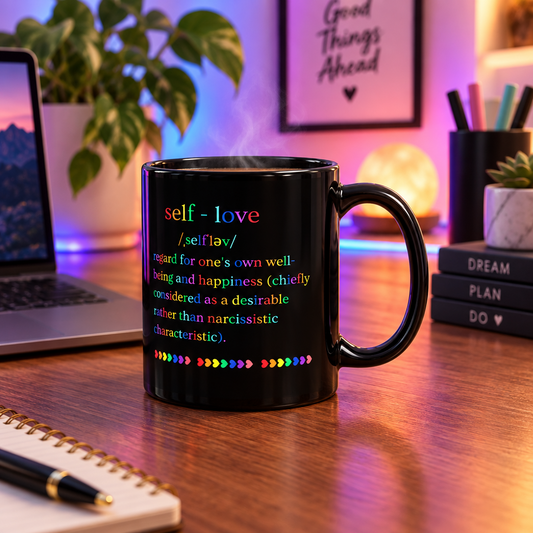 Self Love Definition Rainbow - Black Glossy Coffee Mug (Handle on the Right View)