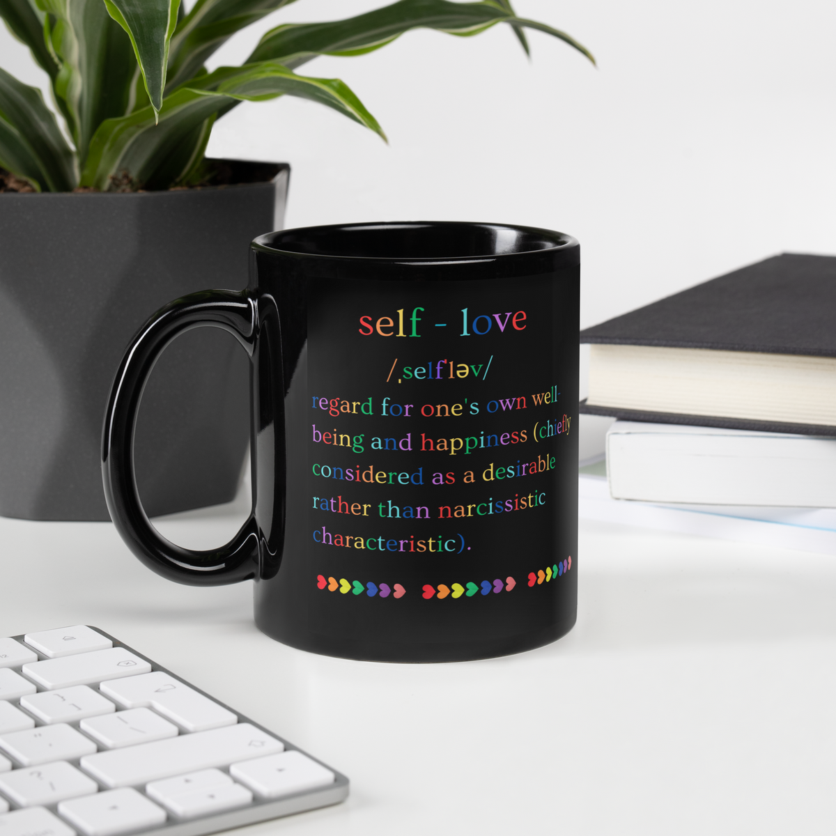 Self Love Definition Rainbow - Black Glossy Coffee Mug (In the Office View)