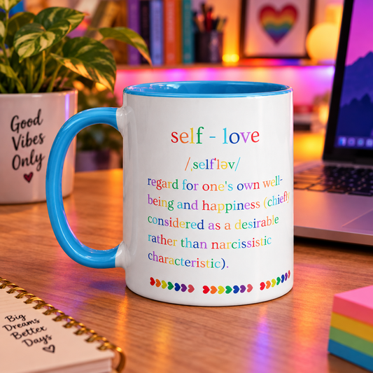Self Love Definition Rainbow - White Coffee Mug with Blue Color Trim (Handle on the Left View)