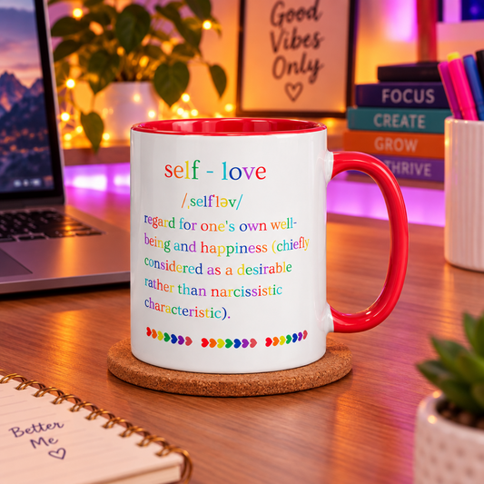 Self Love Definition Rainbow - White Coffee Mug with Red Color Trim (Handle on the Right View)