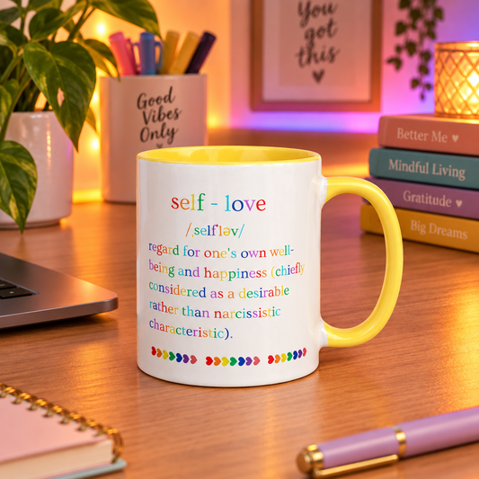 Self Love Definition Rainbow - White Coffee Mug with Yellow Color Trim  (Handle on the Right View)