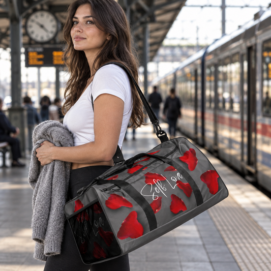 Self Love Gray with Red Rose Petals Duffle Bag (Woman Wearing View)
