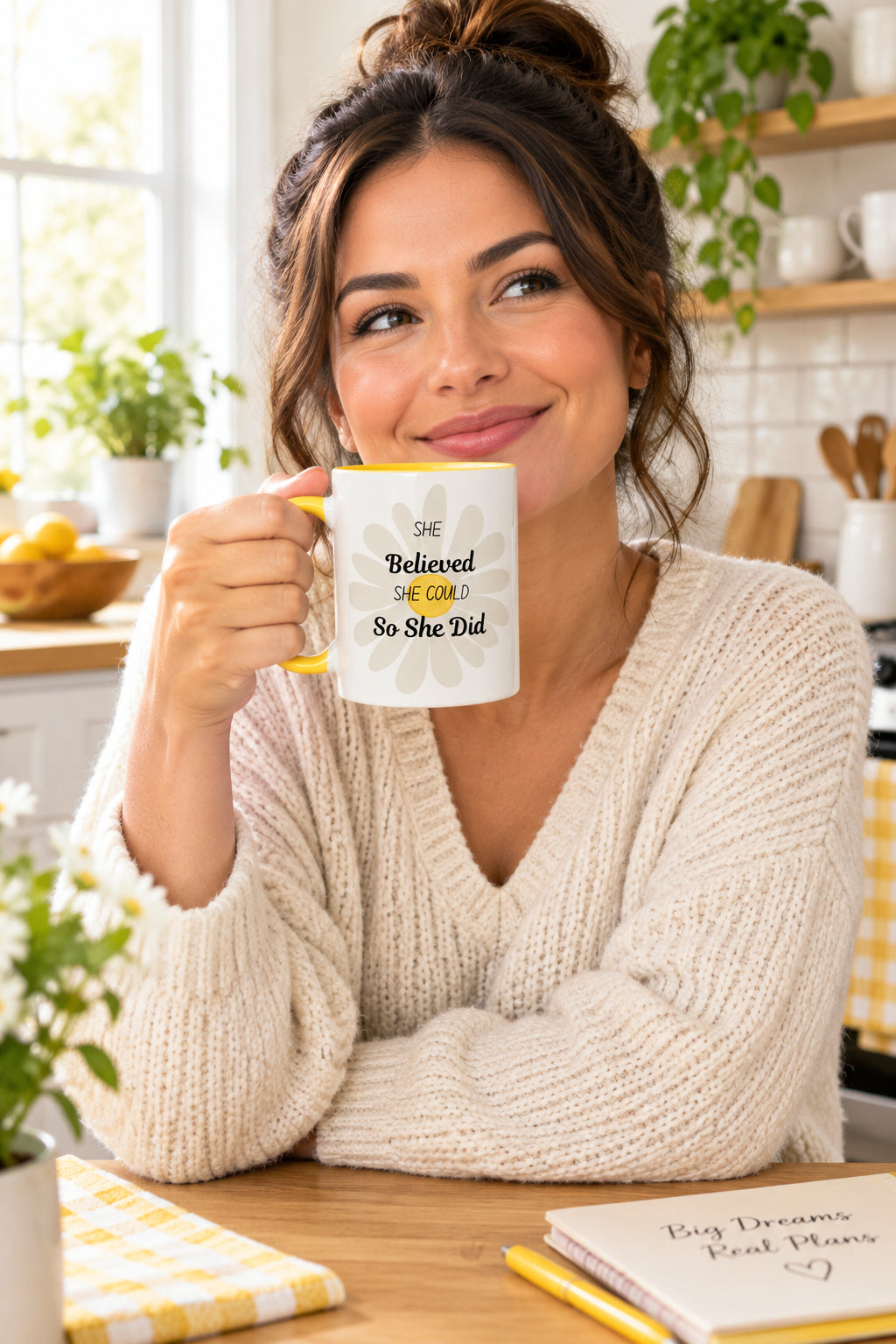 She Believed She Could So She Did White Mug with Yellow Color Trim - 11 oz - Left Handle View
