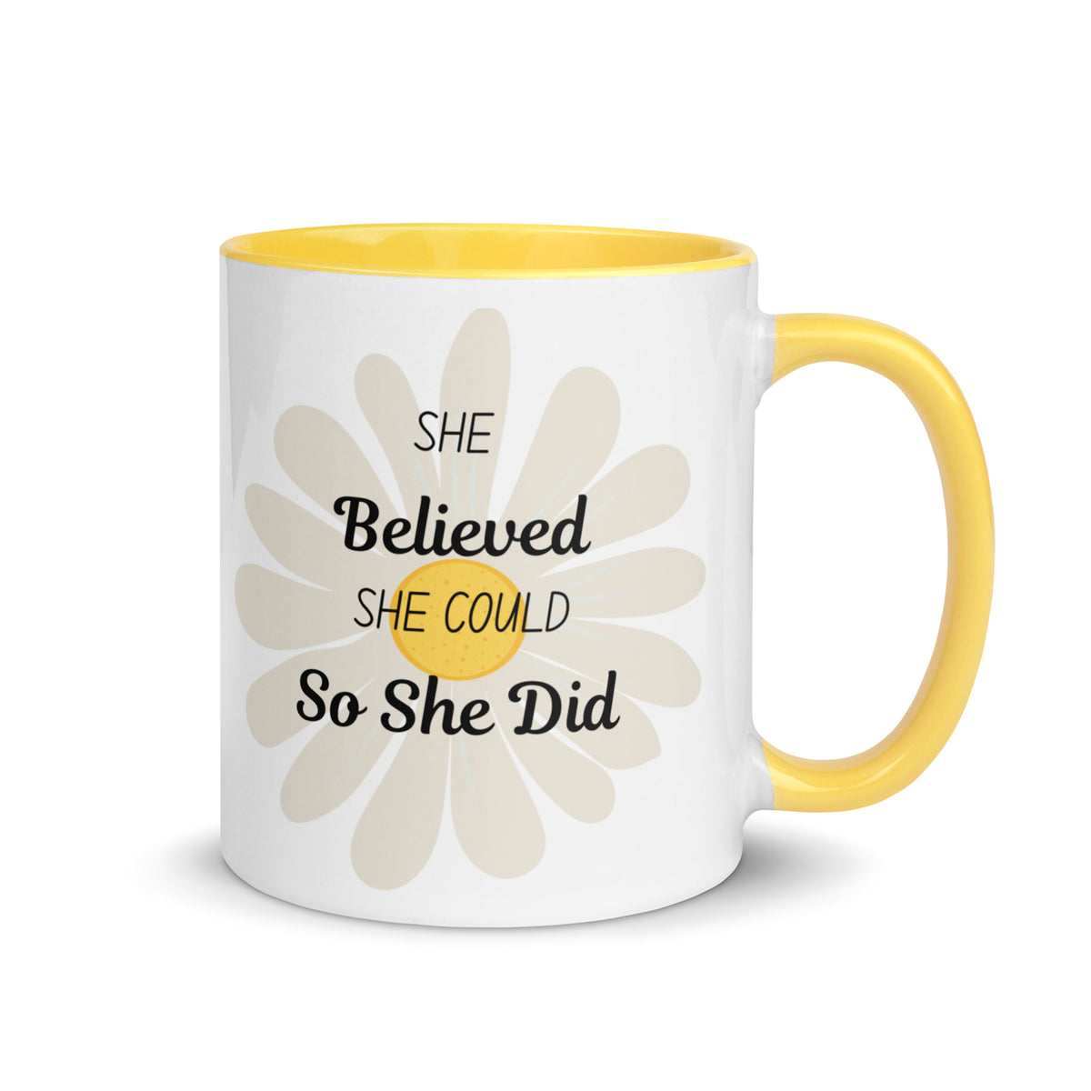 She Believed She Could So She Did White Mug with Yellow Color Trim - 11 oz - Right Handle View