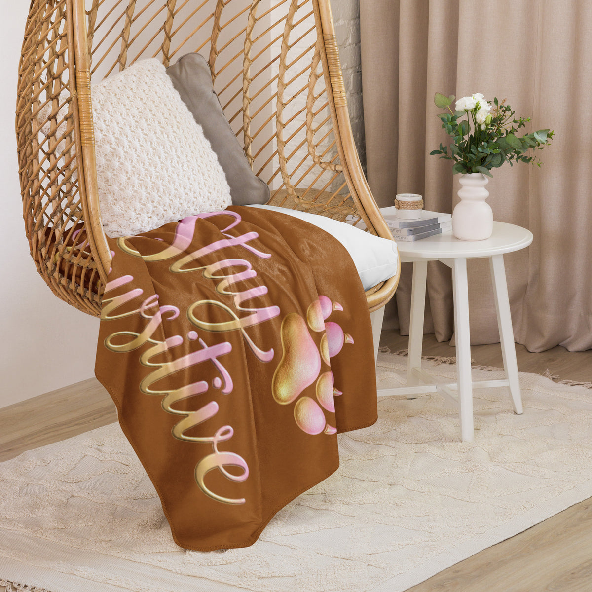 Stay Pawsitive Pink & Gold Ombre - Rich Gold Sherpa Blanket 37x57 - Chair View