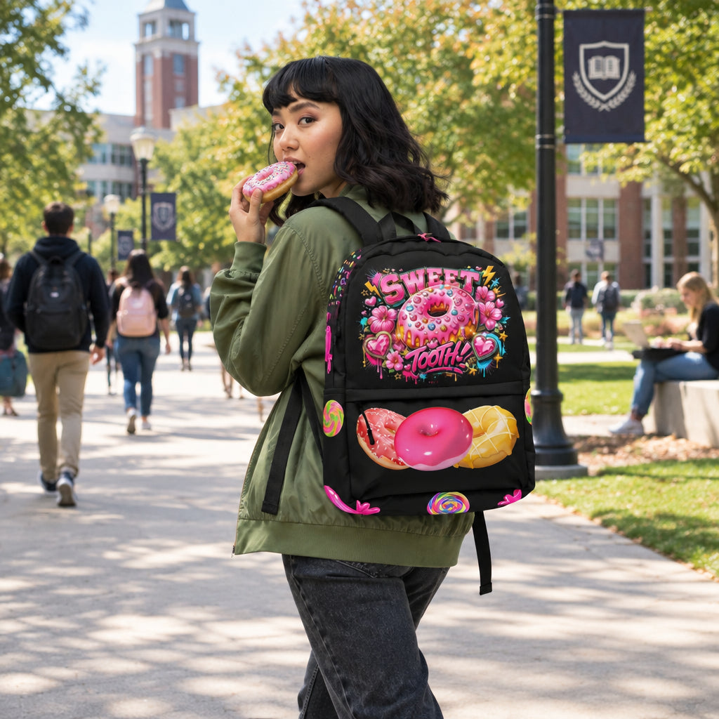 Sweet Tooth Black Backpack (Female Wearing View)