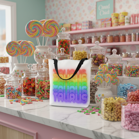 Taurus - Rainbow - White Large Tote Bag with Logo (Side View)