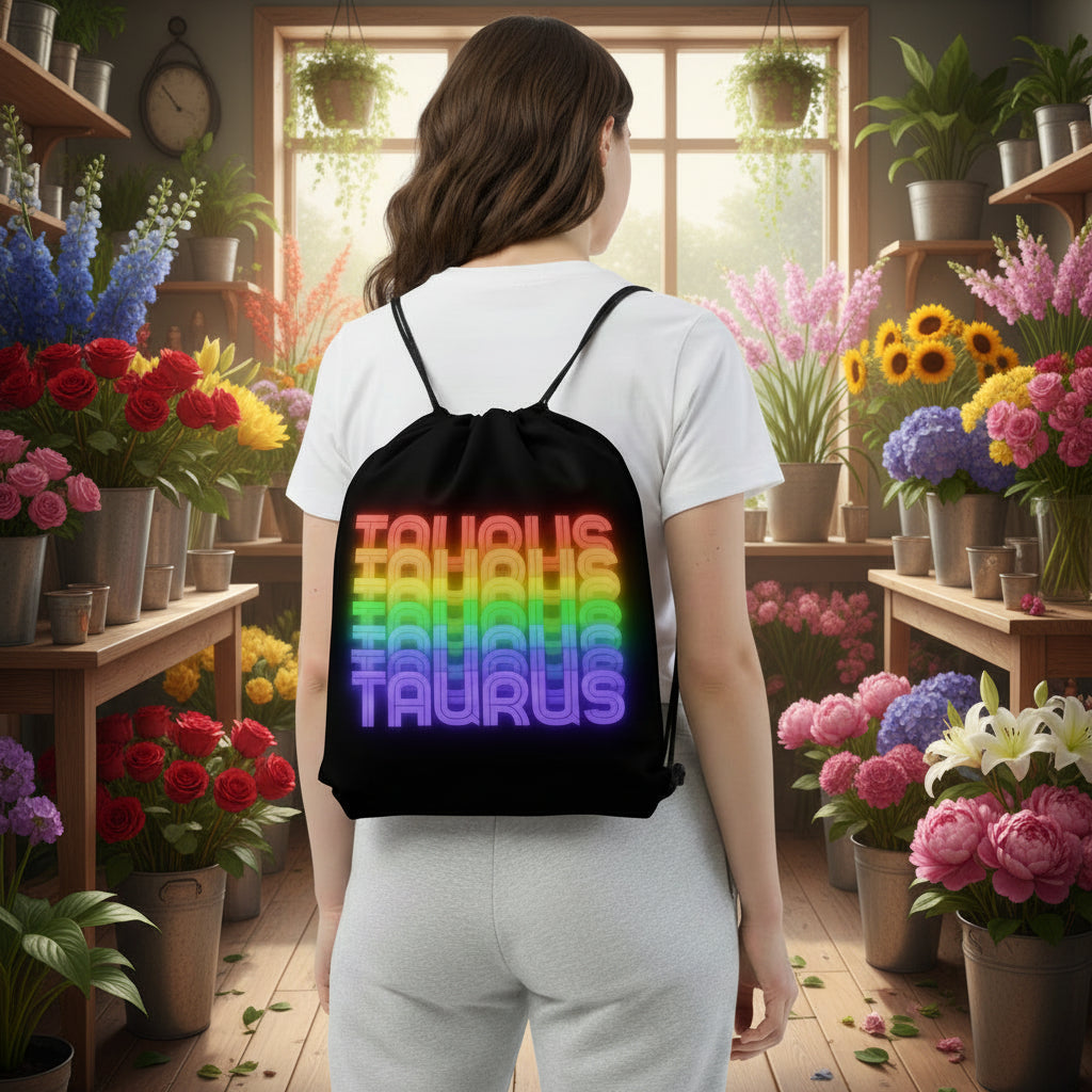 Taurus Rainbow - Black Drawstring Bag (Female Wearing View)