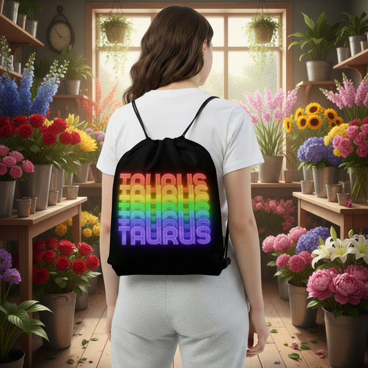 Taurus Rainbow - Black Drawstring Bag (Female Wearing View)