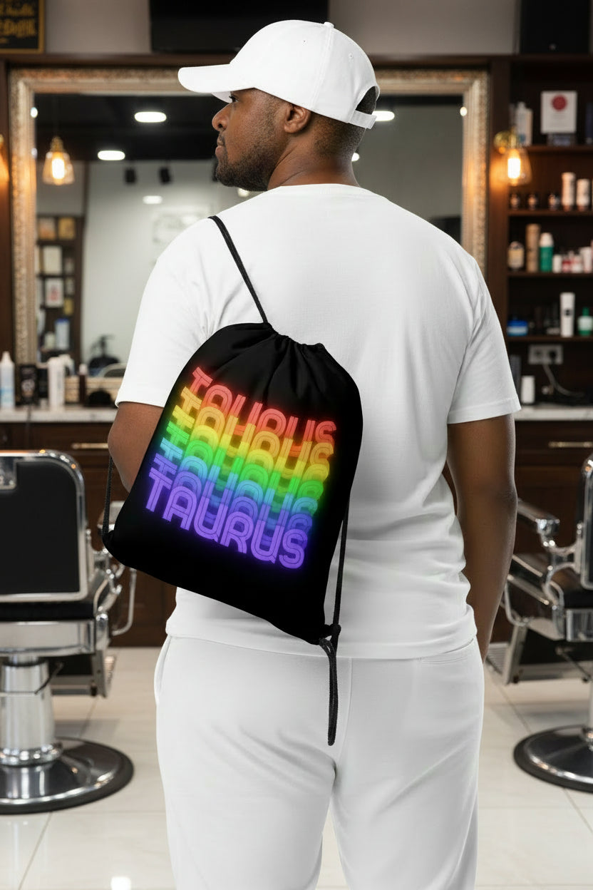 Taurus Rainbow - Black Drawstring Bag (Male Wearing View)