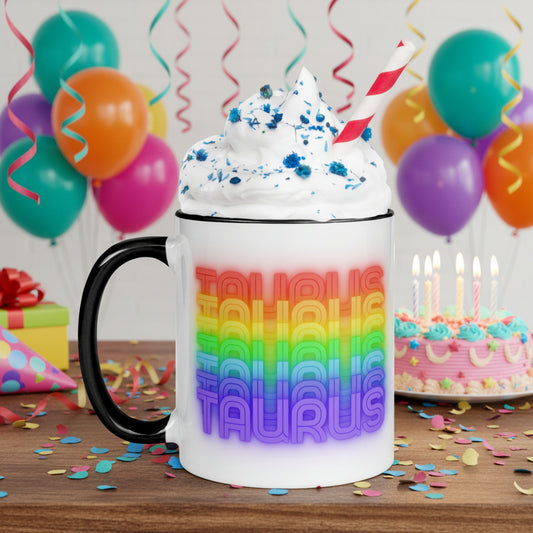 Taurus Rainbow - White Ceramic Mug with Black Color Trim 11 oz. (Left Handle View)