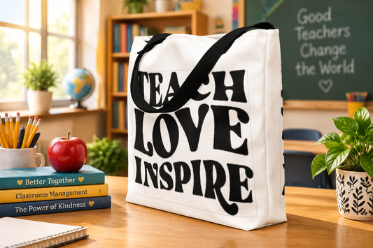 Teach, Love, Inspire Signed in Black - White Large Tote Bag (Side View)