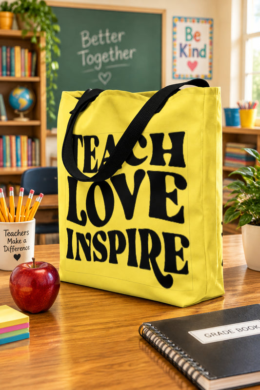 Teach, Love, Inspire Signed in Black - Yellow Large Tote Bag (Side View)