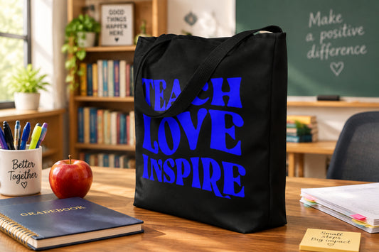 Teach, Love, Inspire Signed in Blue - Black Large Tote Bag (Side View)