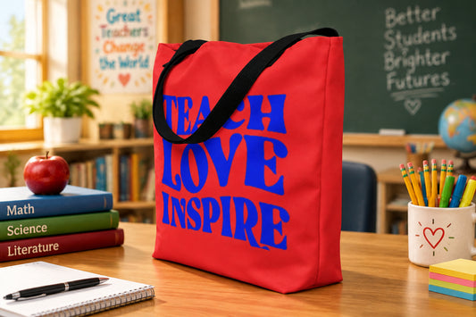 Teach, Love, Inspire Signed in Blue - Red Large Tote Bag (Side View)