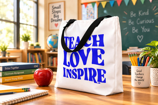 Teach, Love, Inspire Signed in Blue - White Large Tote Bag (Side View)