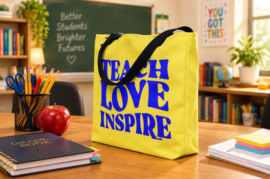 Teach, Love, Inspire Signed in Blue - Yellow Large Tote Bag (Side View)