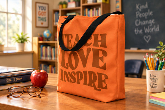 Teach, Love, Inspire Signed in Brown - Orange Large Tote Bag (Side View)