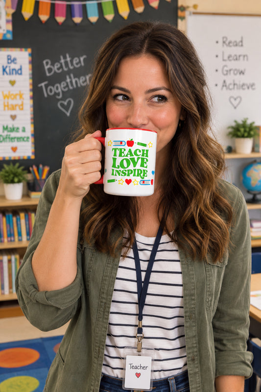 Teach, Love, Inspire Signed in Green - White Coffee Mug with Red Color Trim - 15 oz. (Handle on the Right View)