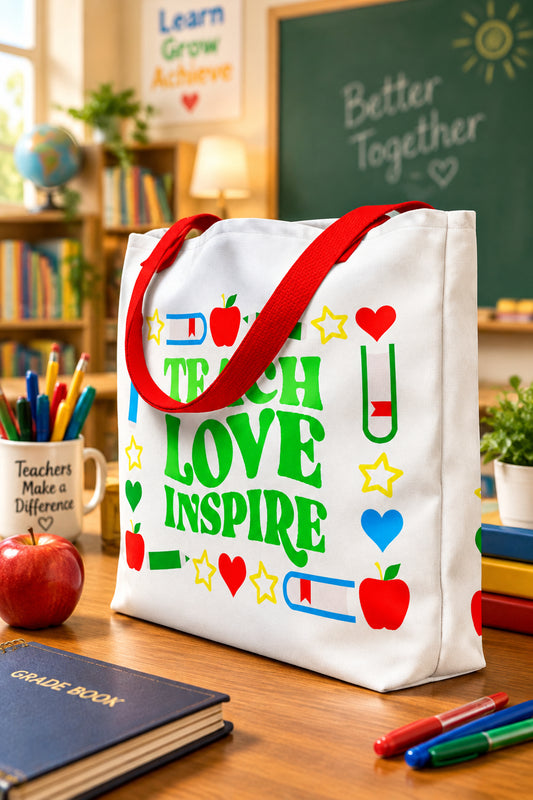 Teach, Love, Inspire Signed in Green - White Large Tote Bag (Side View)