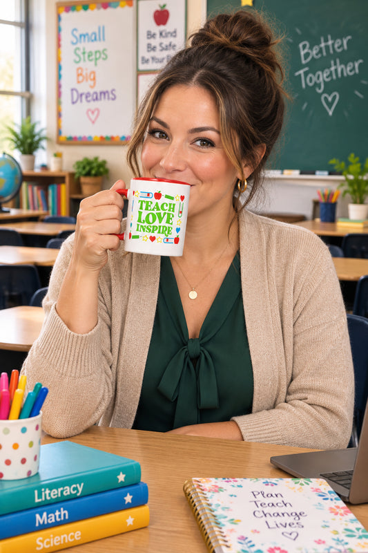 Teach, Love, Inspire Signed in Green - White Mug with Red Color Trim - 11 oz. (Handle on the Right View)
