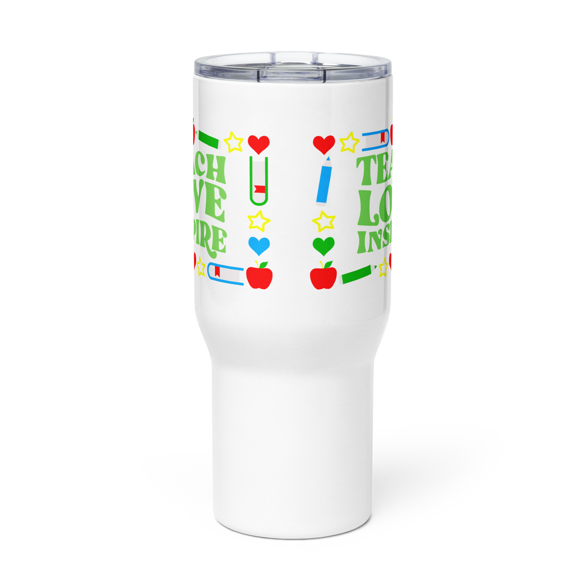 Teach, Love, Inspire Signed in Green - White Travel Mug with Handle 25 oz. (Side View)