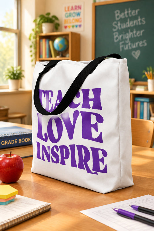 Teach, Love, Inspire Signed in Purple - White Large Tote Bag (Side View)