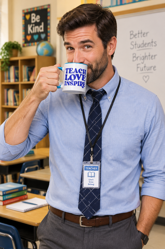 Teach, Love, Inspire White Mug with Blue Color Trim - 11 oz. (Handle on the Left View)