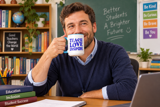 Teach, Love, Inspire White Mug with Blue Color Trim - 15oz. (Handle on the Left View)