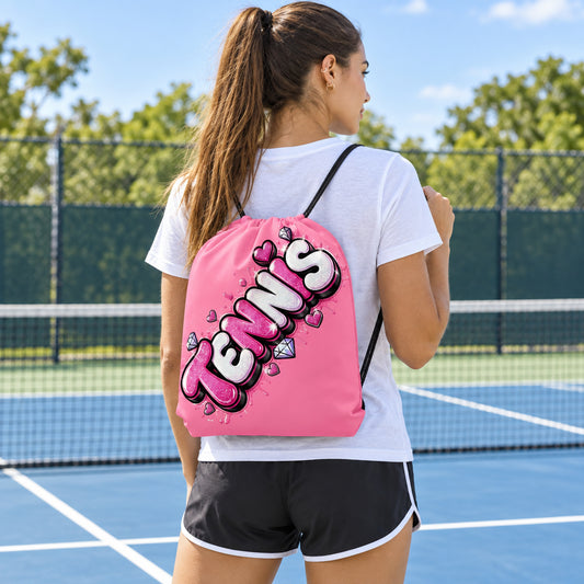 Tennis Pink & White - Tickle Me Pink Drawstring Bag
