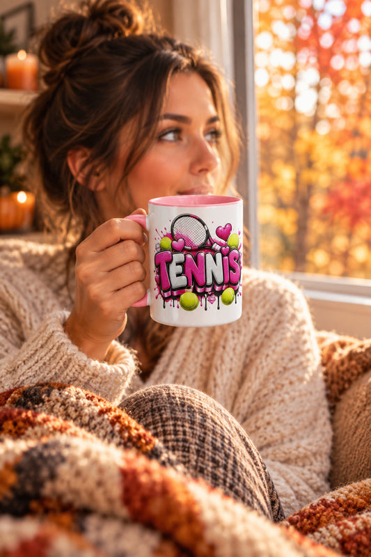 Tennis Pink & White Mug with Pink Color Trim - 15 oz