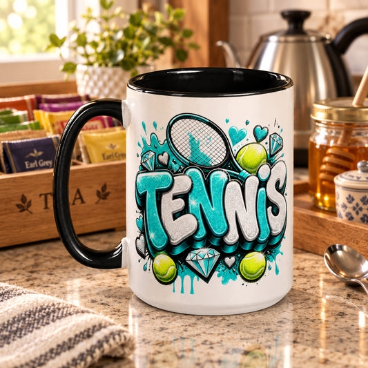 Tennis Turquoise & White Mug with Black Color Trim - 15 oz - Left Handle View