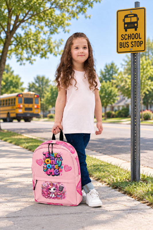 There is Only One Me Pink Backpack with a Unicorn (Youth Girl Carrying View)