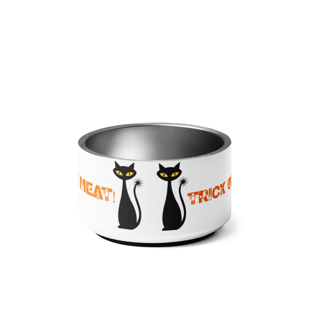 Trick or Treat Give Me Meat White Cat Bowl 18 oz Back View