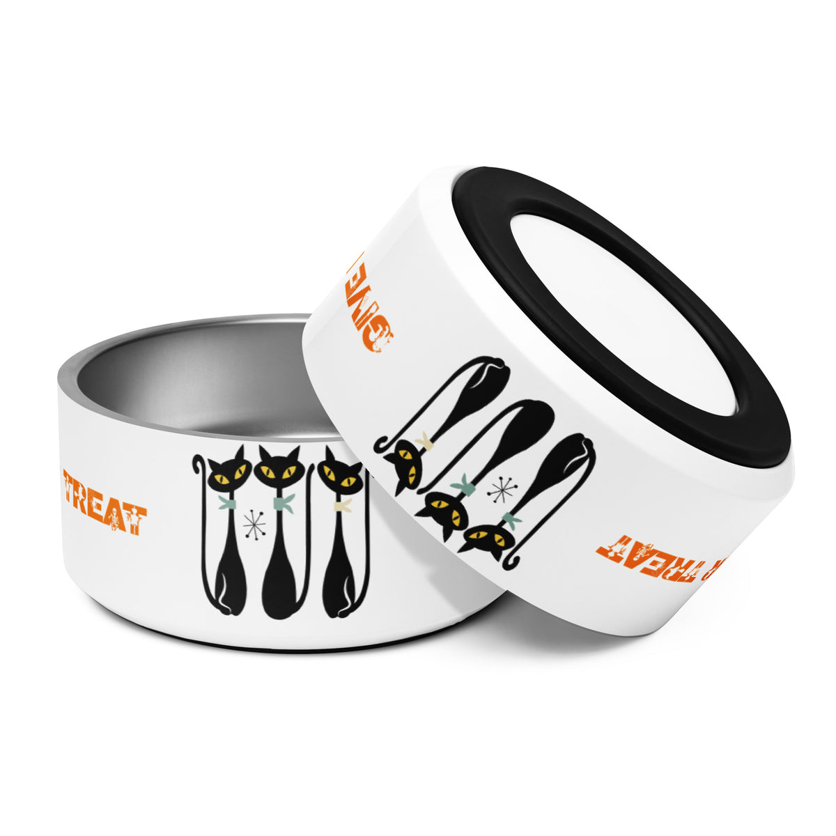 Trick or Treat Give Me Meat White Cat Bowl 18 oz Back View 32 oz Front & Bottom View